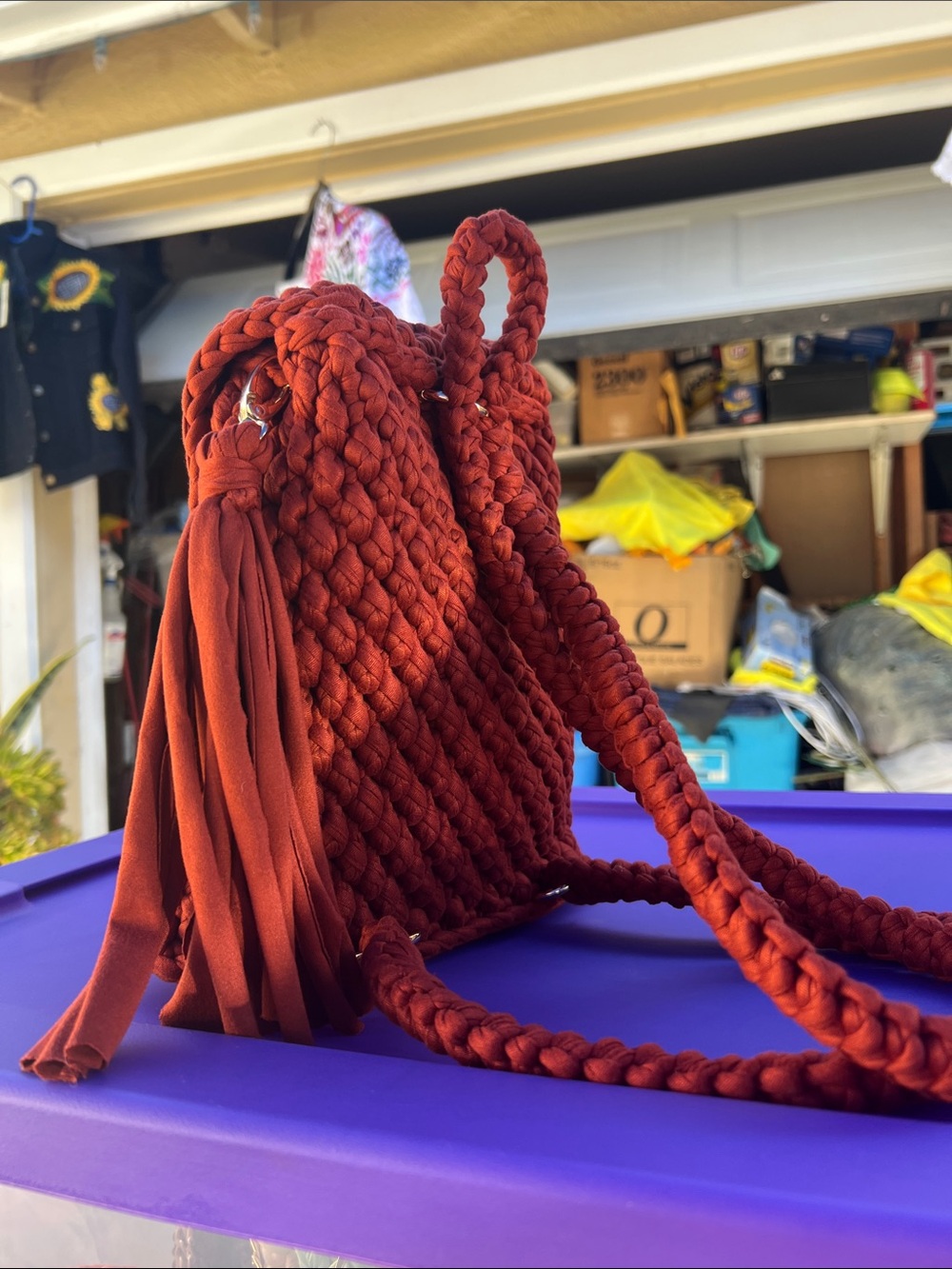Handmade Rust Crochet Drawstring Backpack - Picture 2 of 3